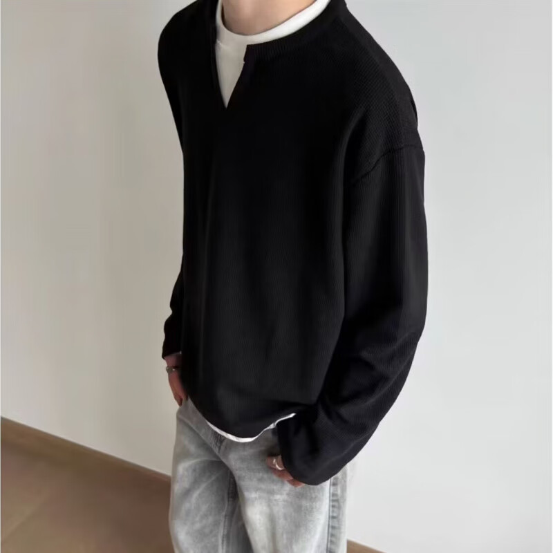 潮思汇美式休闲假两件青少年卫衣男潮流双层领设计感卫衣套头T恤上衣男 WY427黑色 M