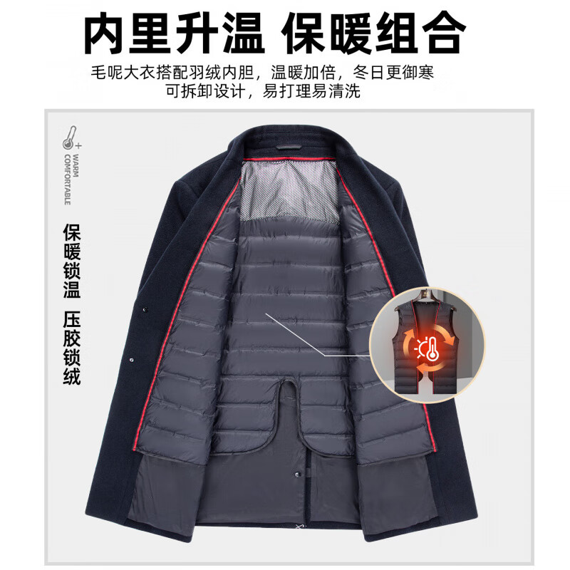 罗蒙(ROMON)【绵羊毛可脱卸羽绒内胆】商场同款毛呢大衣男中长款加厚保暖外套 藏青 XL (180)