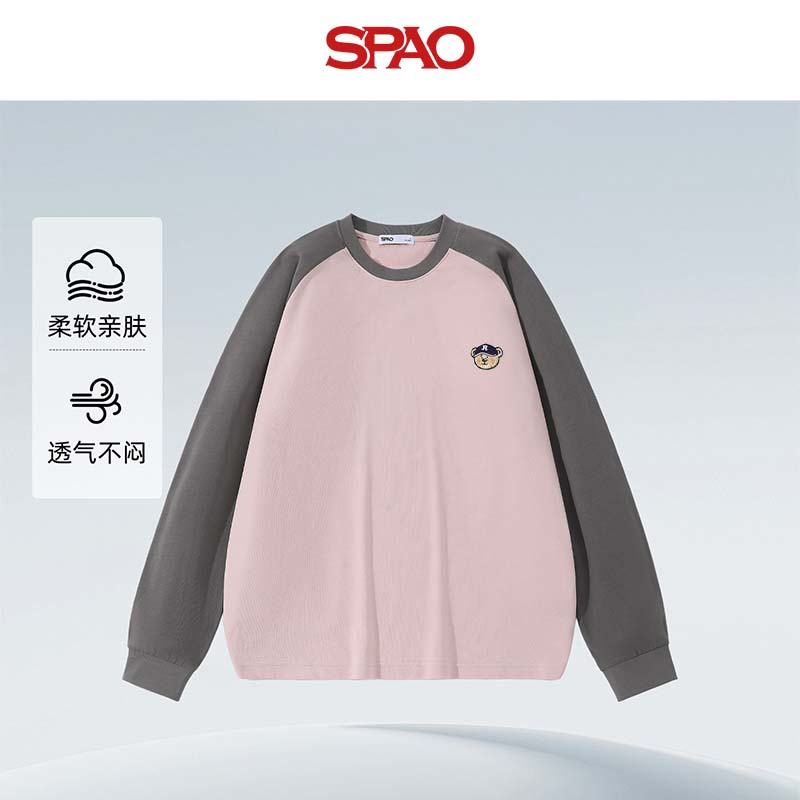 SPAO时尚纯棉圆领拼色插肩袖长袖男女2025秋季休闲上衣SPCX25ST06XY 灰粉#SP蓝帽子熊-贴布绣 L