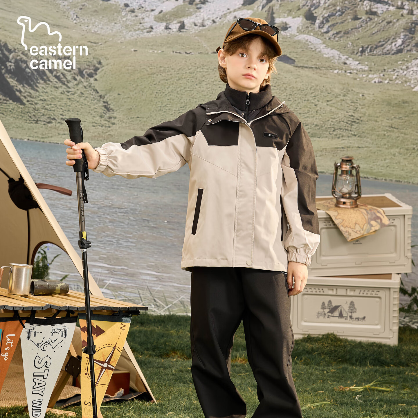 东方骆驼儿童冬季夹棉撞色山系轻户外三合一防风外套冲锋外套保暖轻便耐磨 粉套装 160