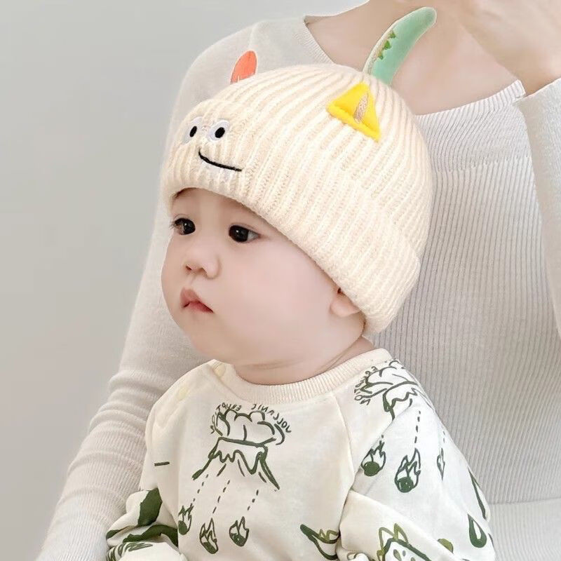 G.duck小黄鸭男女童毛线帽秋冬超萌搞怪婴幼保暖加厚宝宝防寒针织套头帽 表情尾巴针织帽-米色 建议0-17个月(帽围35-46cm)