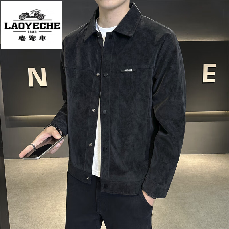 老爷车（LAOYECHE）2025春秋新款时尚机车皮衣夹克男士春秋高端修身工装翻领外套男 星际黑(款) 常规 M