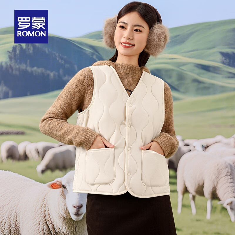 罗蒙（ROMON）男女同款加厚棉服男士秋冬款中青年保暖棉坎肩内搭外套上衣打底衫 米杏色【5V63610B女款】 均码 175