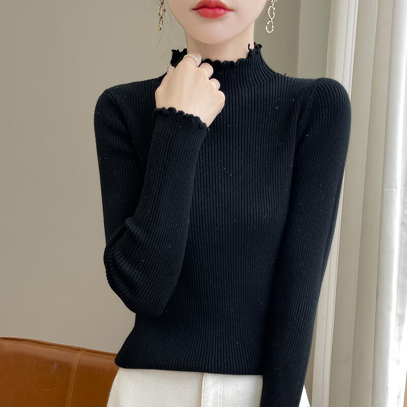 香影芬高级感木耳边针织衫女内搭秋冬打底衫2025新款洋气半高领花边毛衣 米色 L (建议105-115斤)