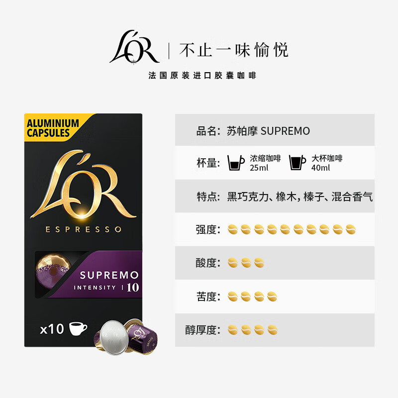 L&#039;OR咖啡胶囊阿拉比卡豆法国进口lor适用小米雀巢咖啡机 5.2gx10粒/盒 苏帕摩效期（26.06）