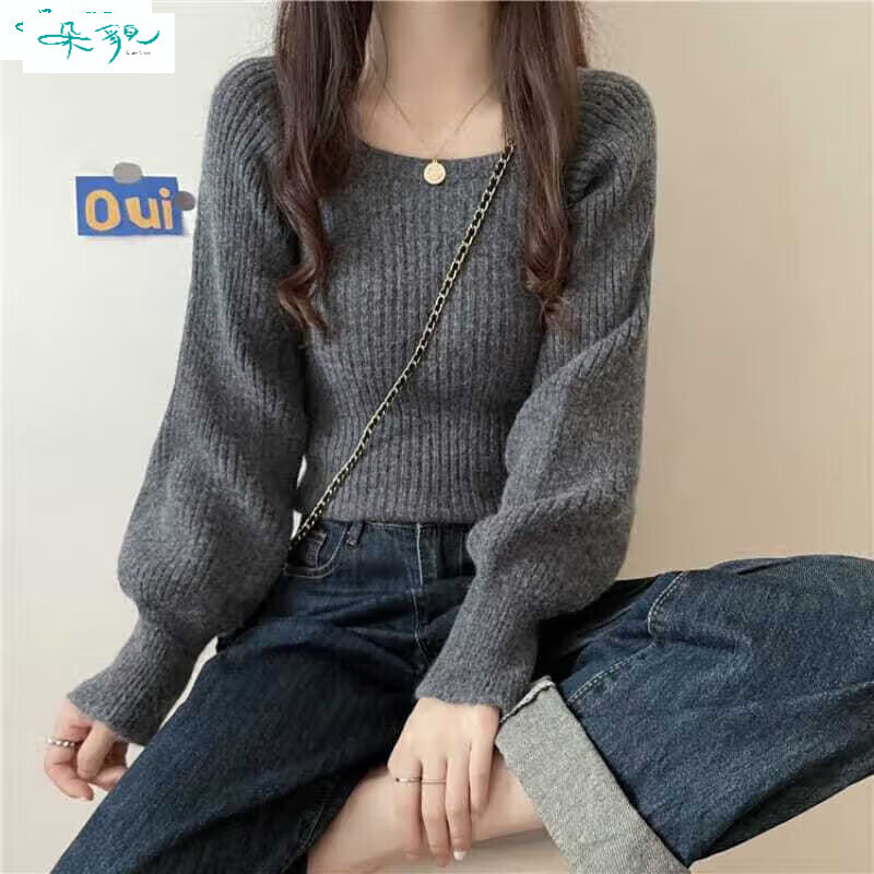 朵貌秋冬2025年新款气质方领收腰灯笼袖打底毛衣外穿温柔风女慵懒上衣 杏色 均码 建议70120斤