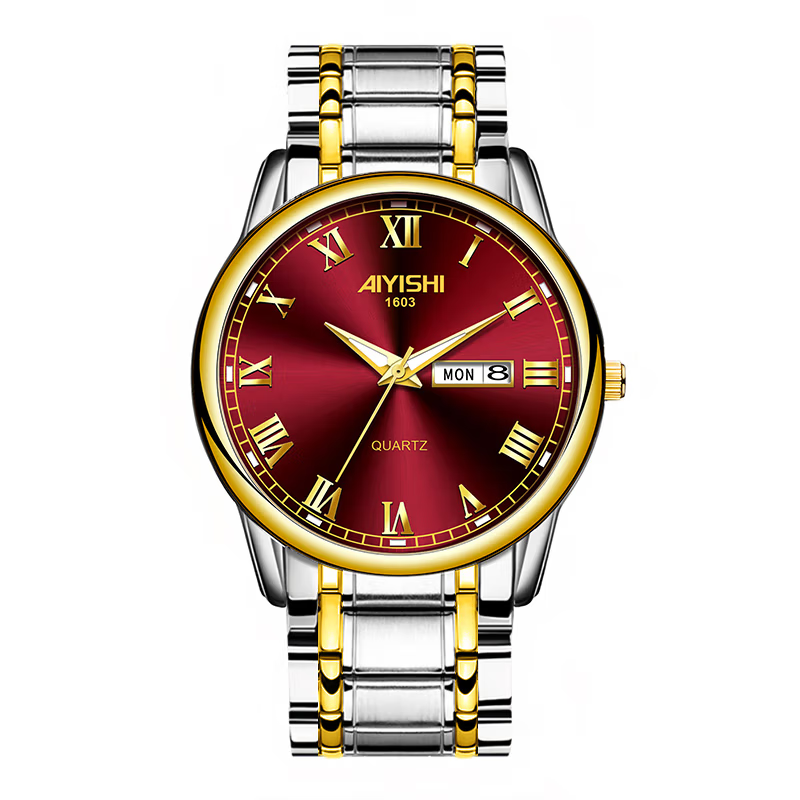 爱依士（AIYISHI）潮流时尚瑞士名表防水夜光表男款合金石英表高颜值男士商务手表 间金红面【瑞士机芯+终身质保】