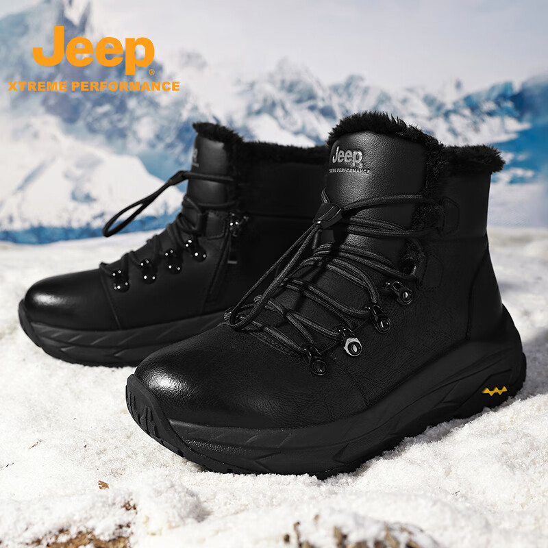 JEEP吉普雪地靴男款冬季加绒保暖棉鞋男士加厚防滑防水户外徒步登山鞋 黑色 39 (245mm) 标准运动尺码
