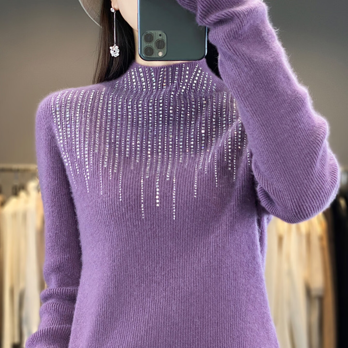 香影芬半高领镶钻秋冬毛衣女2025新款一线成衣毛衣修身显瘦打底衫针织衫 原绒米 2XL (建议125-135斤)