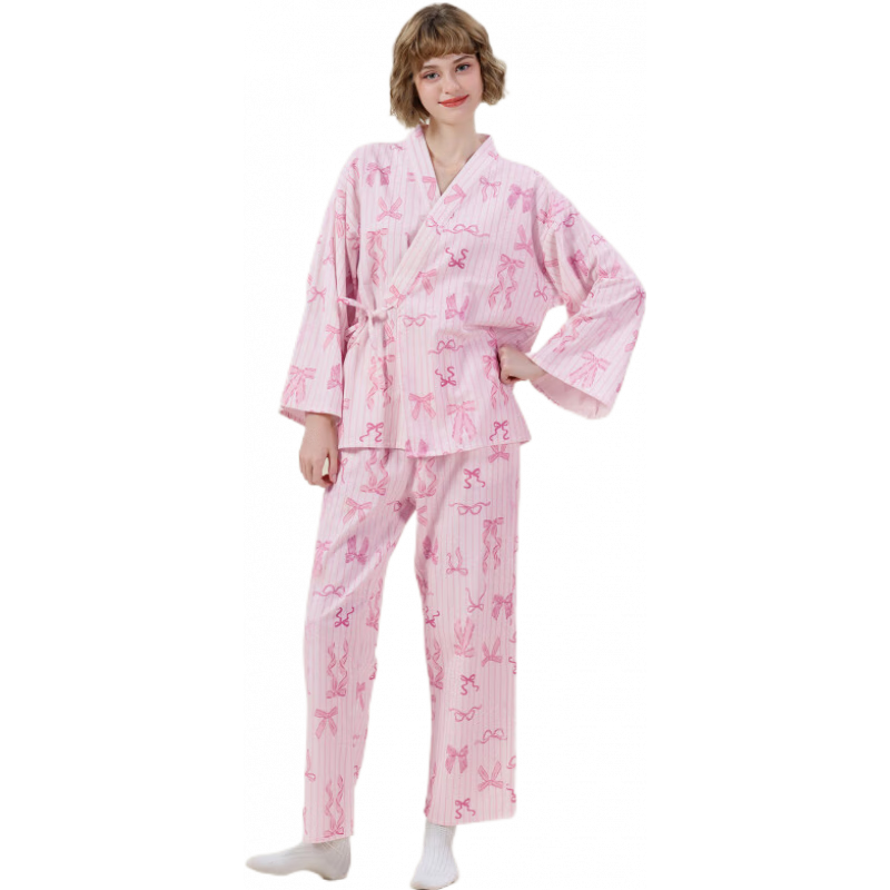 tutuanna秋冬睡衣女磨毛豎條紋蝴蝶結(jié)滿印長袖和服家居服套裝 粉色 M 160_84A_(適合身高155-170c體重8
