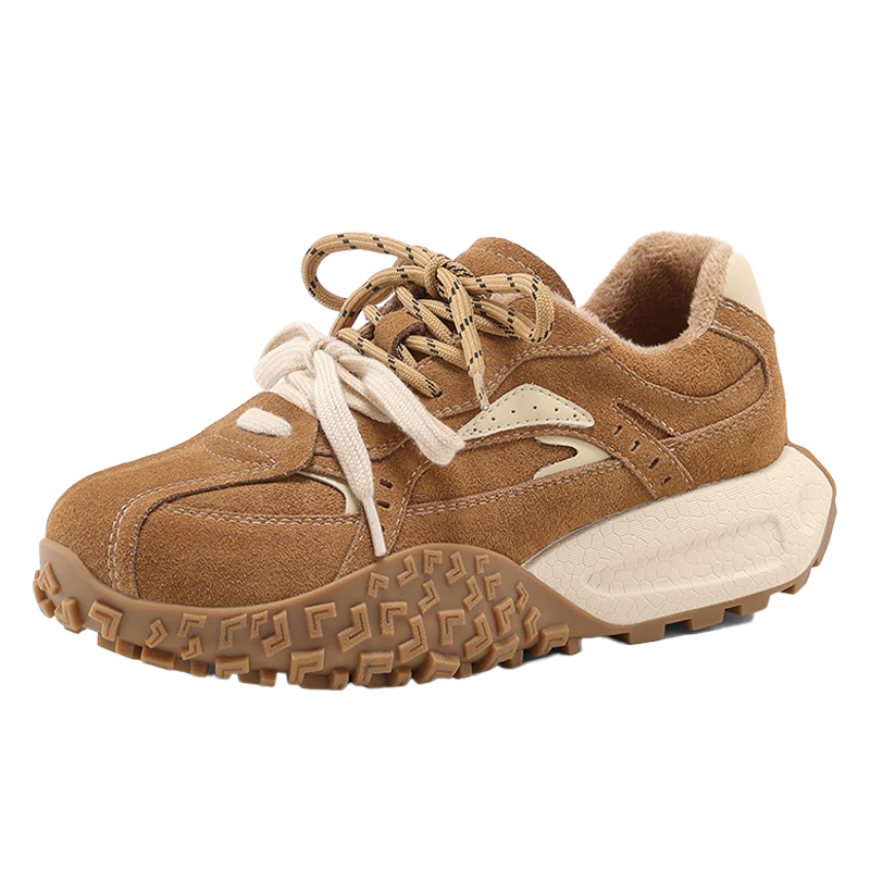 星期六加絨德訓(xùn)鞋女鞋冬2025新款真皮牛革厚底加絨休閑鞋咖色增高運(yùn)動(dòng)鞋