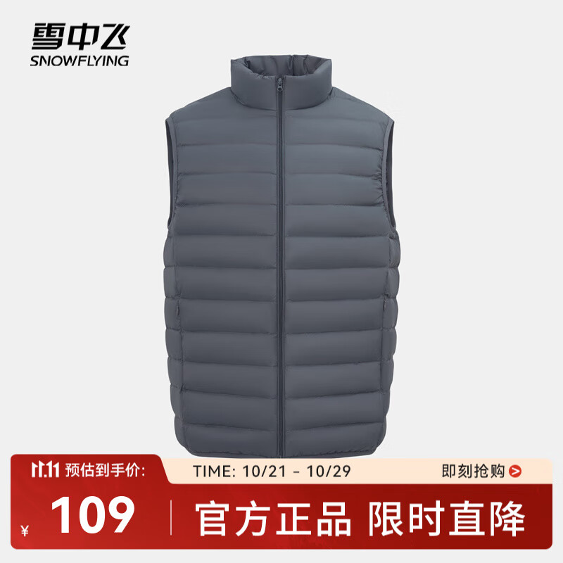 雪中飞经典新款百搭轻薄男式立领短款羽绒服马甲包边大口袋休闲鸭绒 朱墨灰|8C83-男 M 170/92A