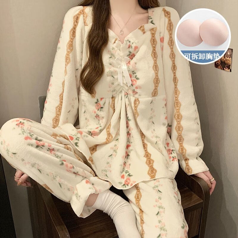 琉善带胸垫睡衣女秋冬季珊瑚绒粉色花朵法兰绒加厚保暖冬天家居服套装 带胸垫811H 条纹花朵 【加绒加厚套装】 M 【80-100斤】