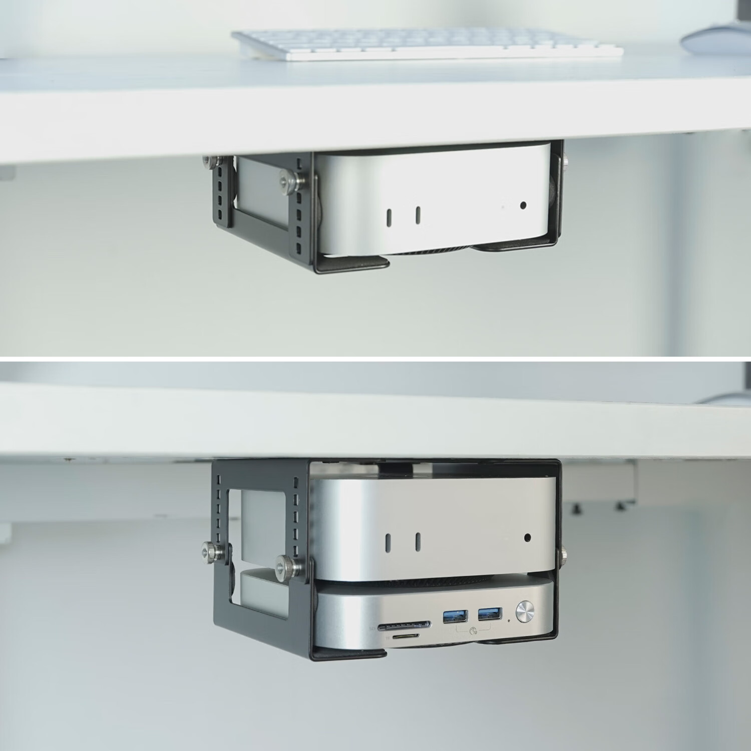 美易支笔记本小型电脑macmini主机路由器电视盒子桌下金属收纳支架NUC小米主机M4拓展坞 黑色4.5-8.3cm可调节高度DLT-02