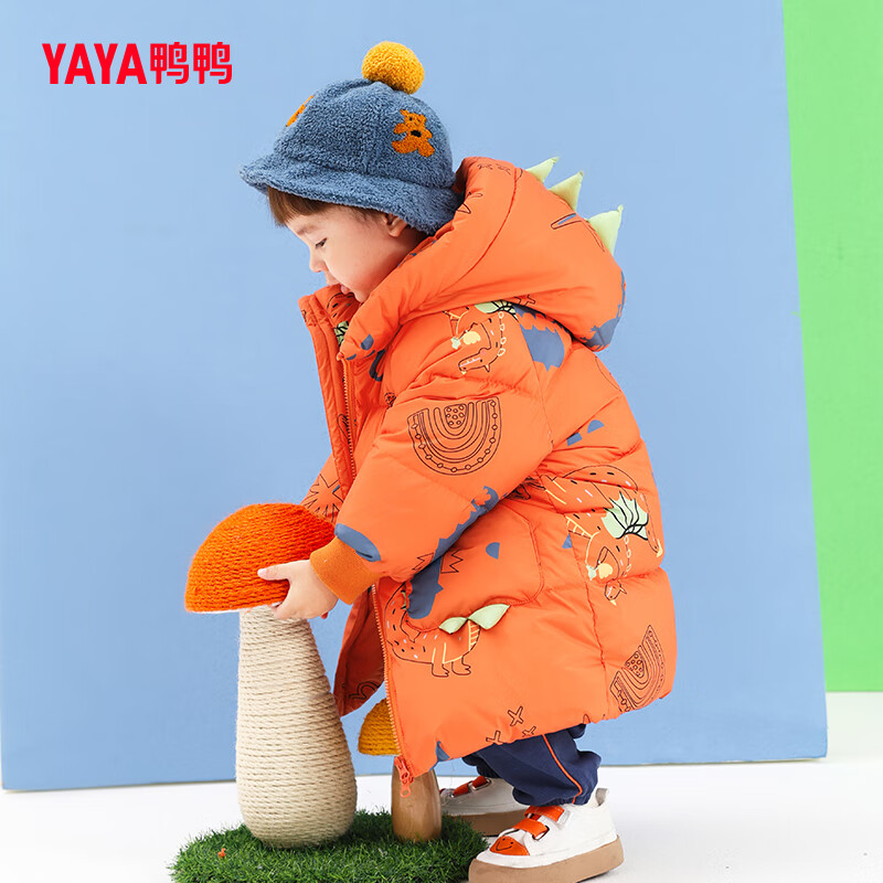 鸭鸭25新款冬装男童中长款羽绒服宝宝小童儿童印花加厚外套 橘色 110