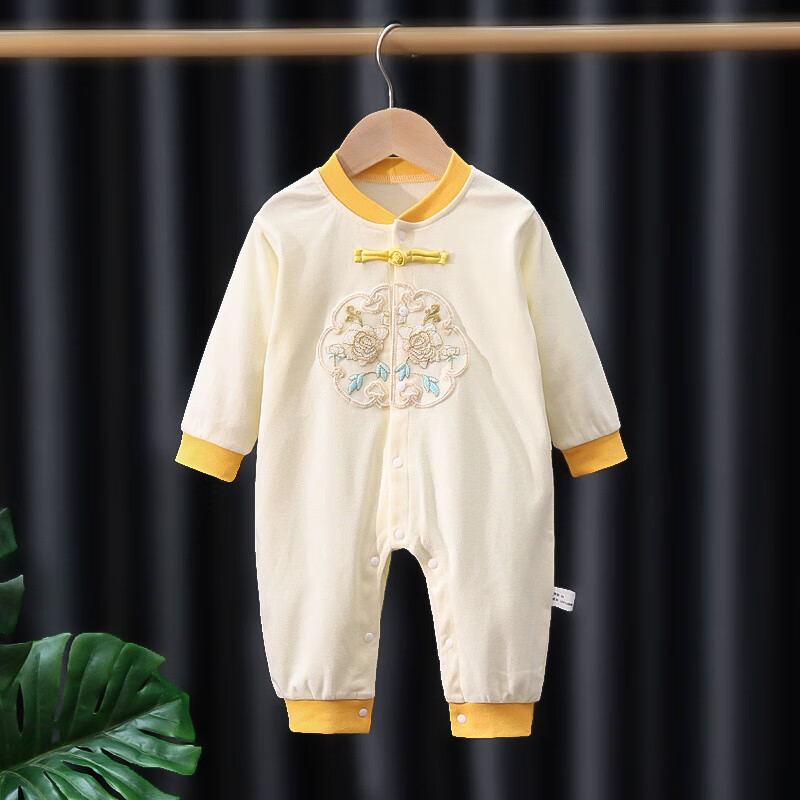G.duck小黄鸭婴儿衣服纯棉秋季国风外出服新中式满月宝宝黄马褂哈衣爬服 国风升级套装(米连体+黄马甲) 80cm 80码建议17-20斤