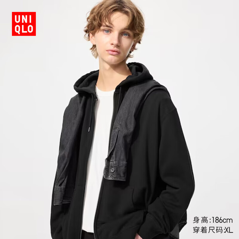 优衣库男装女装连帽拉链运动开衫长袖外套休闲卫衣25新款479800 09 黑色 L
