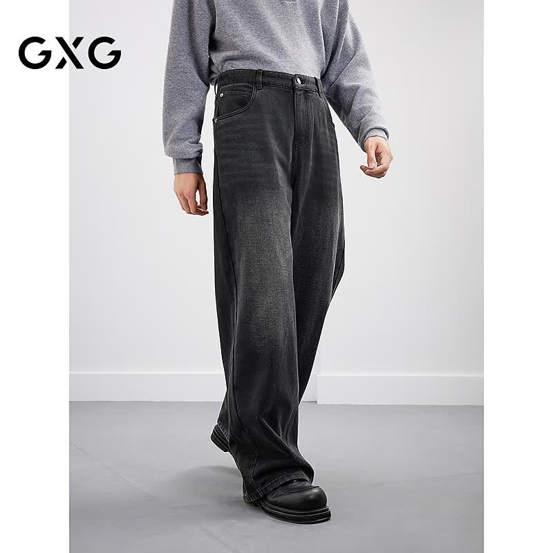 GXG男装 直筒宽松复古深色水洗牛仔裤休闲弹力长裤子秋季 深灰色 XL
