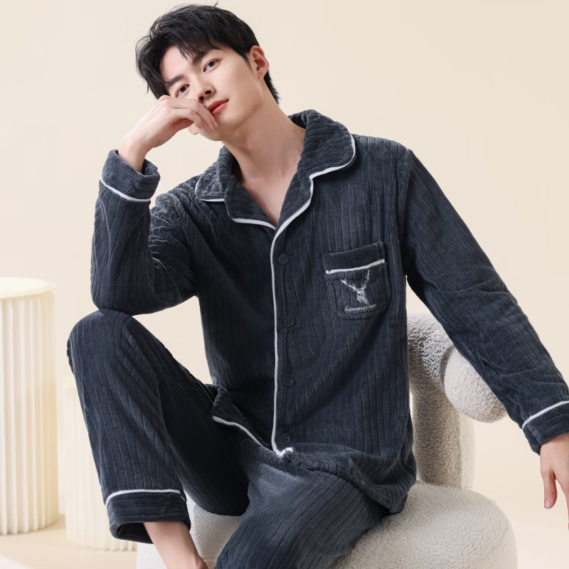 雪中飞珊瑚绒睡衣男士秋冬季加绒加厚2025新款法兰绒家居服套装大码保暖 NSCJF-灰色抽条小鹿 2XL 【宽松版型建议155-180斤】