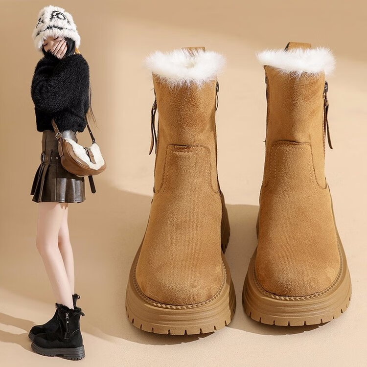 大东爆侧拉链橡胶中跟(3-5cm)人造短毛绒雪地靴冬季织物靴子粗跟 卡其色 40