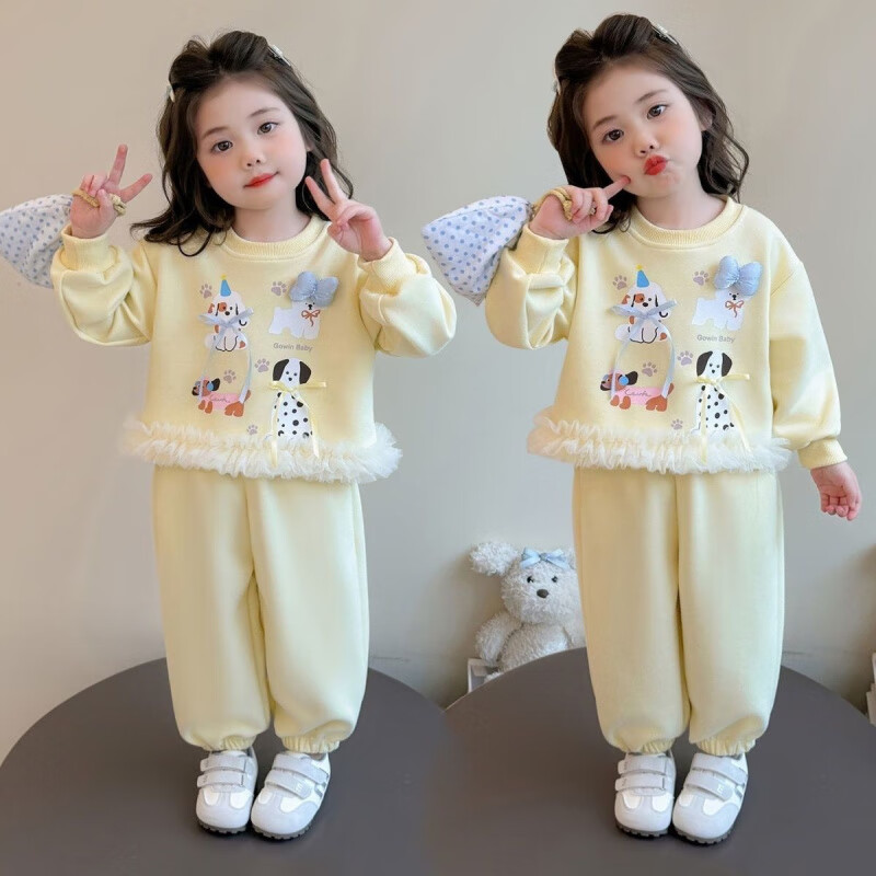 G.duck小黄鸭女童套装春秋25秋装新款洋气卡通宝宝卫衣儿童中小童两件套 黄色 套装 120 【建议身高110-120cm】