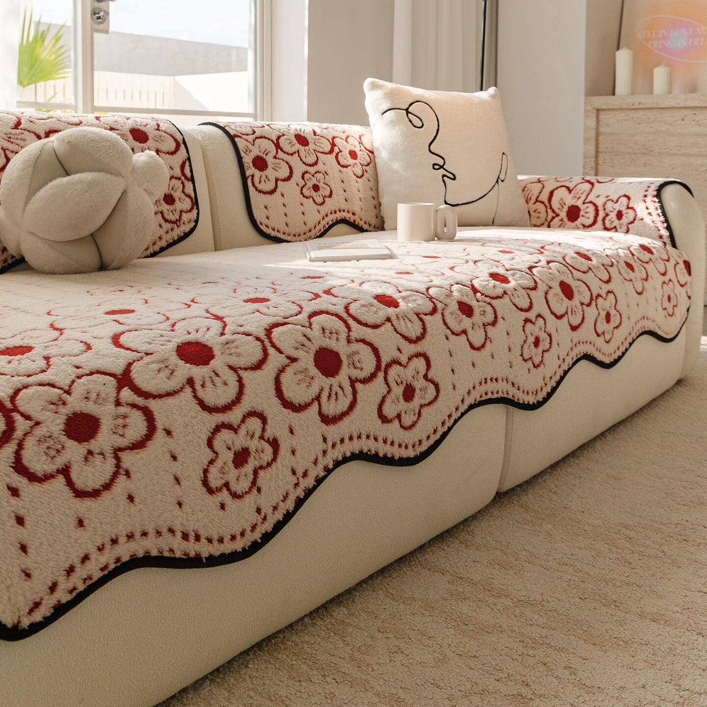 无印良品沙发垫秋冬加厚舒棉绒沙发坐垫固定防滑皮沙发座垫直排沙发垫罩套 异形绒花-红色【秋冬毛绒款 蓄热水洗不硬】 70*70cm （可做扶手或靠背）