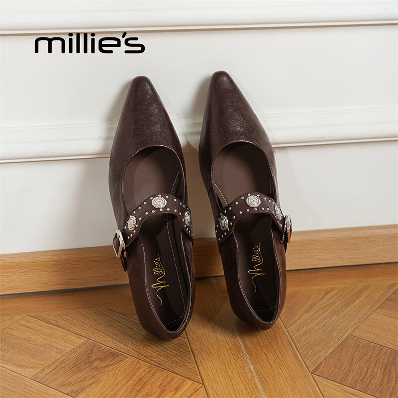 妙丽玛丽珍鞋女低跟真皮浅口时尚潮流气质2025冬季新款百搭小皮鞋 棕色 36 (230mm) 标准码