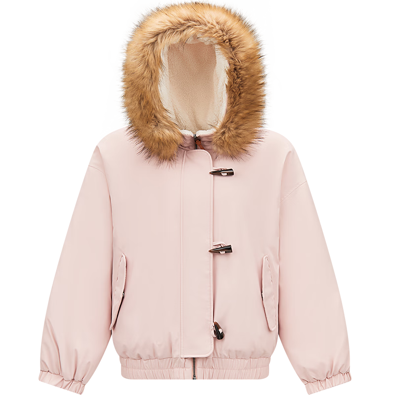 森马（Semir）羽绒服女冬季可脱卸毛领牛角扣宽松80绒子2025新款学院风外套 橡皮粉（白鸭绒）61214 M