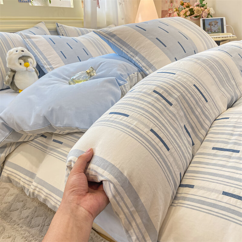 苏萱秋冬加厚纯棉磨毛床上四件套全棉被套轻奢高端床品床单三件套床笠 速律-蓝 1.5m 床笠款 四件套-被套200x230cm