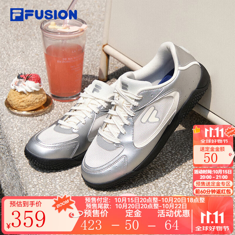FILA FUSION斐乐女子薄底鞋2025银色板鞋网面休闲运动芭蕾鞋 雪白/太空银-SS 37.5