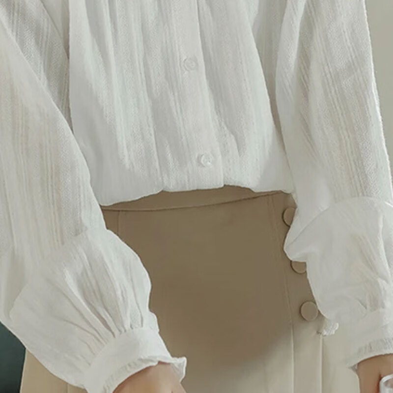 子牧棉麻2025秋冬装 女文艺百搭木耳边白衬衫长袖叠衬衣宽松上衣1628 白色 2XL (建议135-150斤)