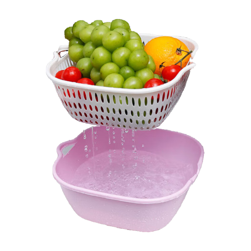 新款双层沥水篮洗菜塑料厨房水果篮子家用多功能清洗神器菜篮 圆角沥水篮混色6件套大+中+小1套