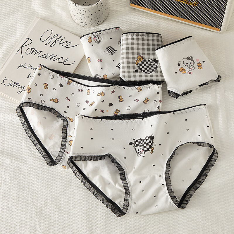 caramella纯棉内裤女透气三角裤甜美清新女士短裤少女大童内裤 黑白蕾丝卡通款混色 3条 均码 （适合85-120斤）