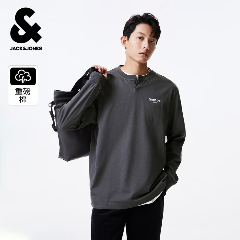 杰克·琼斯（JACK&amp;JONES） 秋季纯棉舒适时尚胸前植绒字母上衣百搭长袖T恤男装225402005