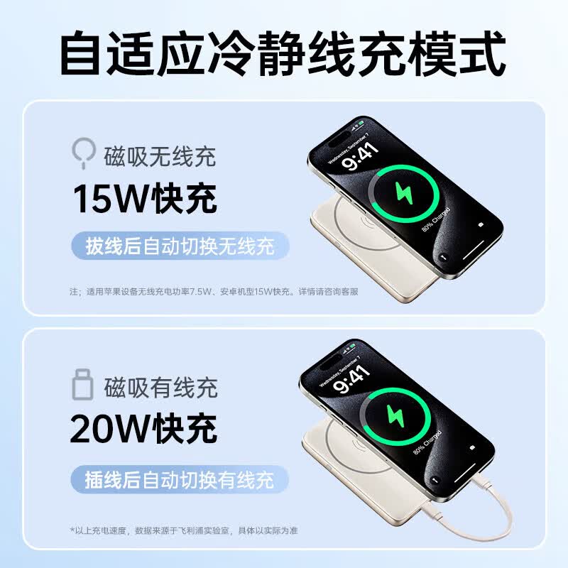 飞利浦(PHILIPS)充电宝DLP9505可携带上飞机 3C认证 magsafe磁吸充电宝超薄移动电源超级无线快充便携手机通用 一万毫安【有线&无线】珍珠白