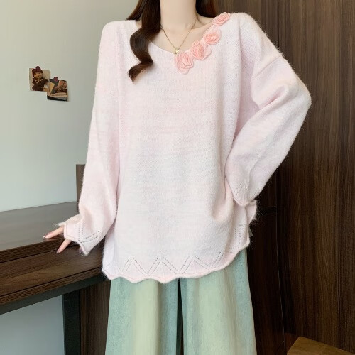 恒源祥立体花朵V领正肩针织衫毛衣女2025秋冬季新款大码胖mm中长款上衣 粉色针织衫版感超好看/欧洲站欧 4XL (180-200斤)