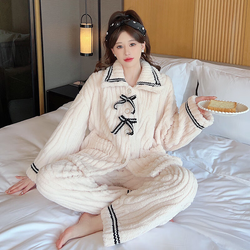 俞兆林珊瑚绒睡衣女秋冬季2025新款加绒加厚法兰绒小香风甜美家居服套装 黑边蝴蝶结 【睡衣两件套】 L 【适合80-120斤】