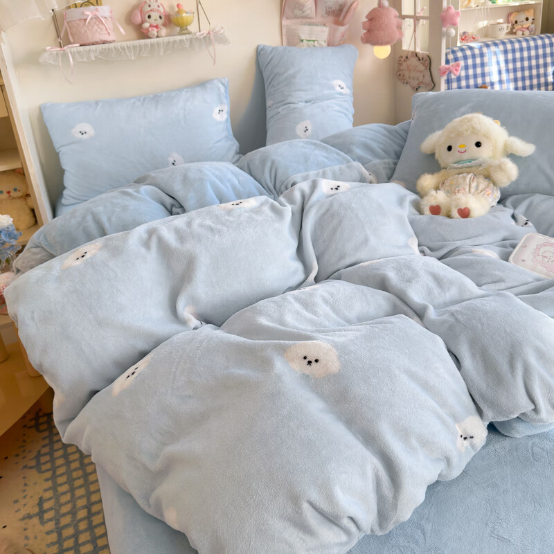 VJE冬季加厚牛奶绒被套四件套法兰绒被罩单件公主风双面绒床上用品 绒绒小狗-蓝 四件套1.8m床笠款-被套200*230cm