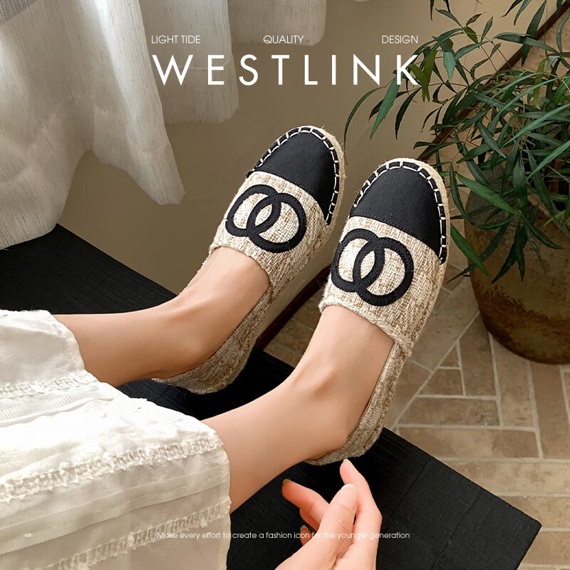 西遇小香风渔夫鞋女2025新款秋季法式一脚蹬平底鞋配裙子草编单鞋 杏+黑色 35 (225)