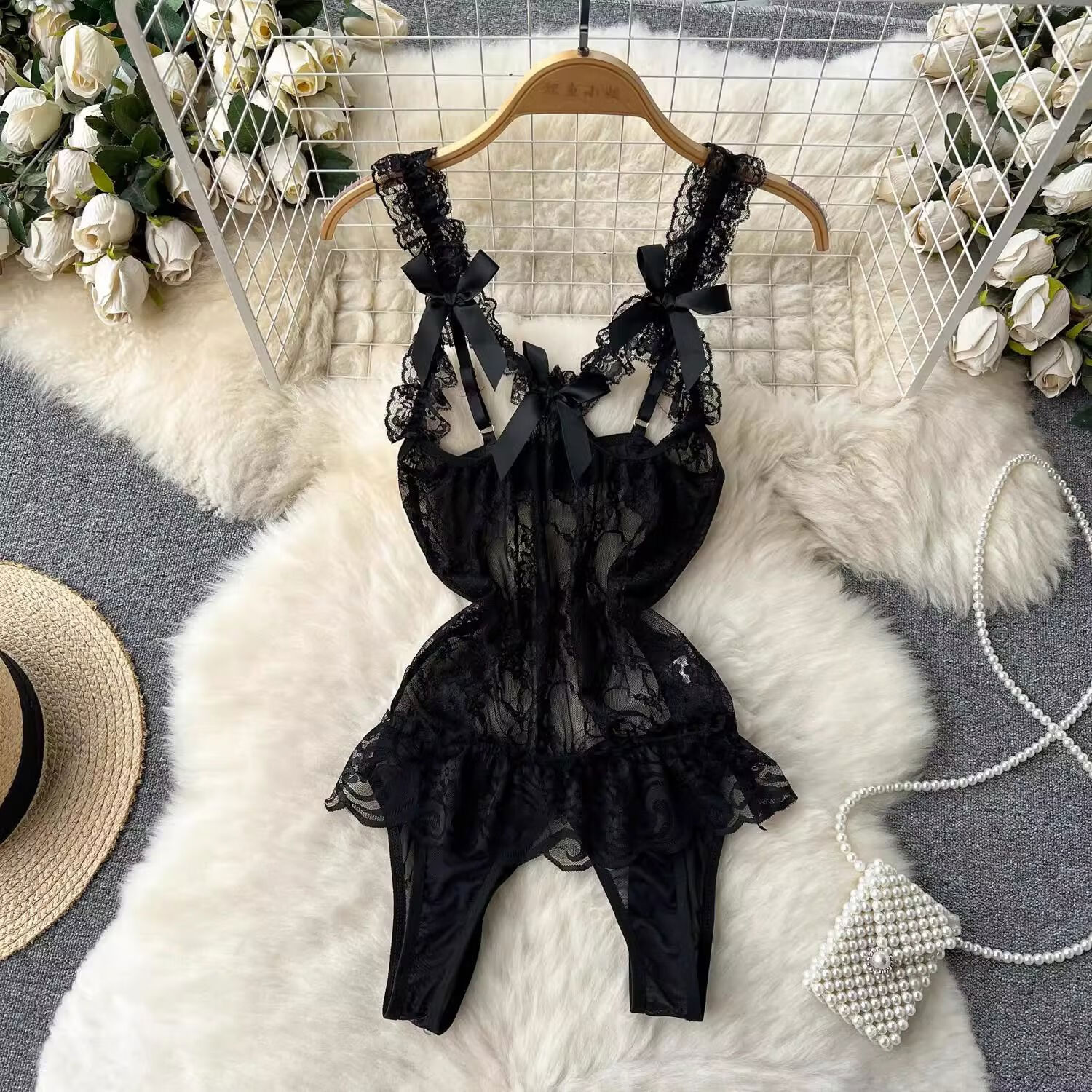 性感抹胸睡衣大码胖mm小胸连体衣吊带睡裙暴击服趣味约会战服 黑色