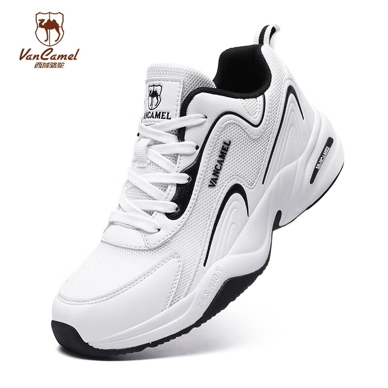 西域骆驼(VANCAMEL)男鞋秋季皮面透气大码运动鞋休闲减震跑步鞋防臭旅游鞋男加绒保暖 【官方正品 质量保证】黑色网面款 47