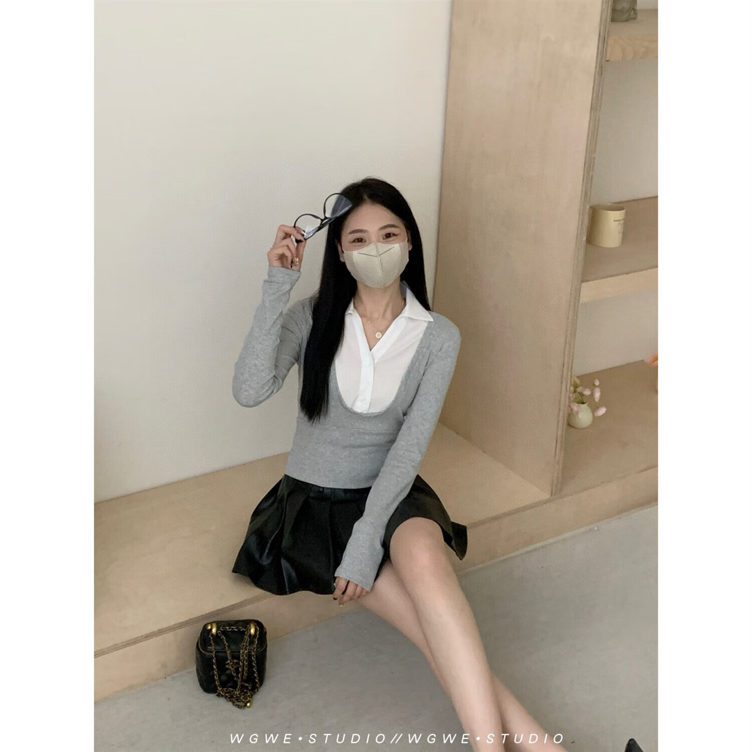 【厂家现发】39.48 WE纯欲黑色假两件衬衫领百搭显瘦休闲打底套头 黑色 S