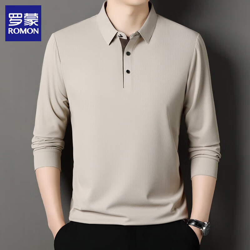 罗蒙（ROMON）长袖t恤男2026春季新款翻领休闲纯色打底体恤衫男装上衣 黑色 M (建议体重90-120斤)