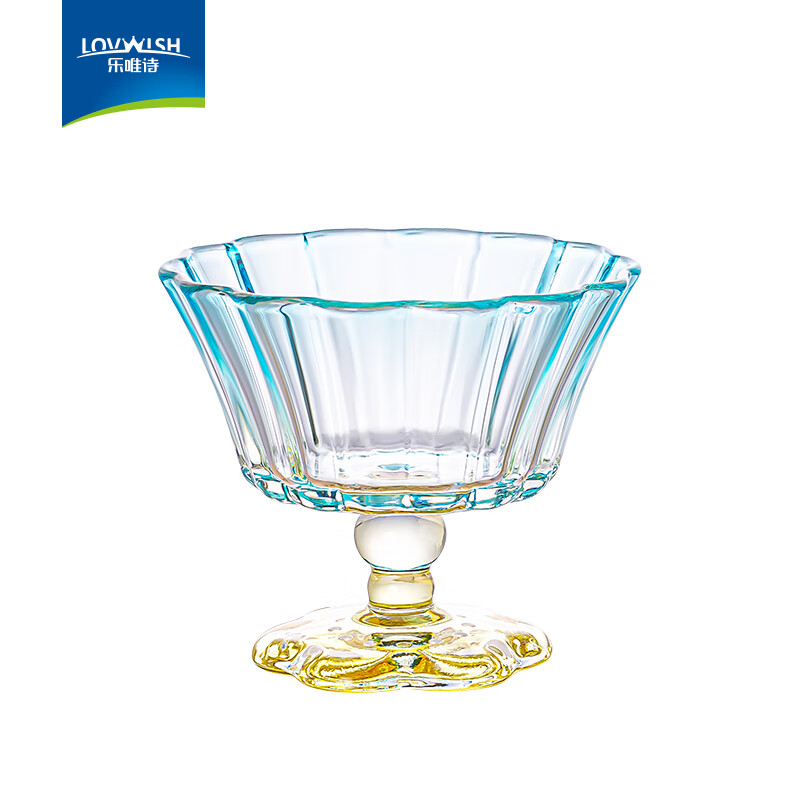 乐唯诗ins风冰淇淋球杯玻璃酸奶碗高脚甜品碗高颜值雪糕奶昔布丁慕斯杯 花开半朵冰淇淋杯-蓝色-200ml*1