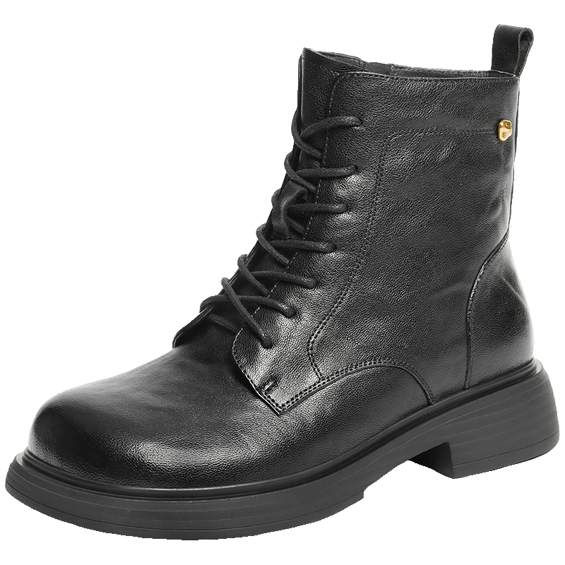 百丽抓皱马丁靴女2025冬新女羊皮革质感时装靴JD008DD5 黑色-绒里 37