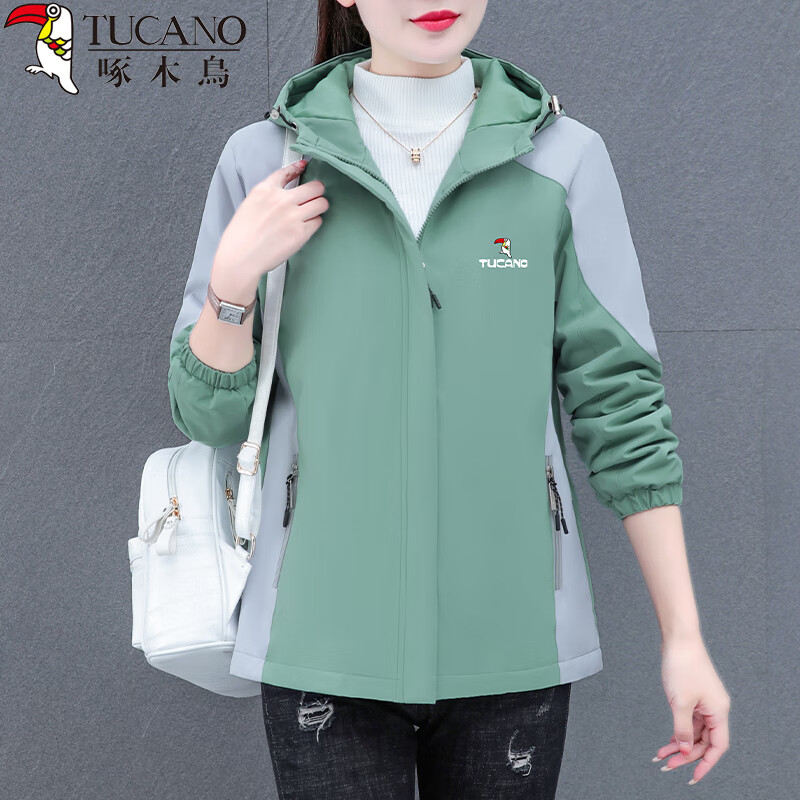 啄木鸟外套女秋冬新款时尚加绒加厚保暖连帽夹克百搭显瘦上衣 绿色 3XL