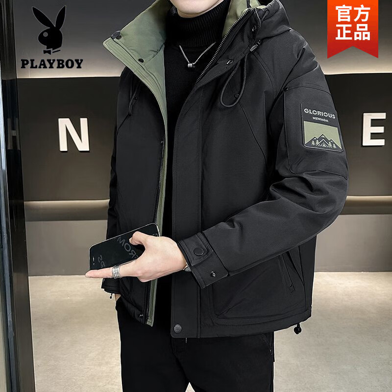 花花公子（PLAYBOY）男士羽絨服冬季加厚2025新款潮牌高級感休閑防寒服連帽工裝外套男 黑色高質(zhì)量 XL 推薦體重115-130斤