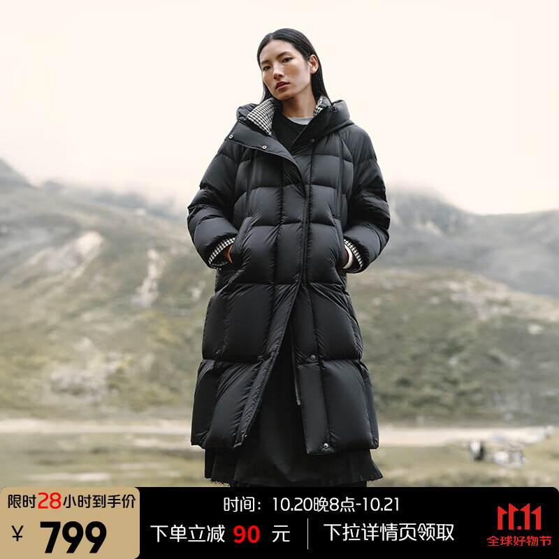 艾莱依羽绒服女士2025冬季新款千鸟格拼接泡芙羽绒服插肩袖设计显瘦外套 月夜黑 S 【建议80-110斤】155