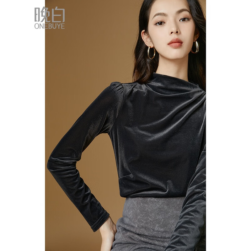 晚白【新品】2025秋款时尚简约上衣百搭纯色休闲丝绒打底衫女 灰色 S