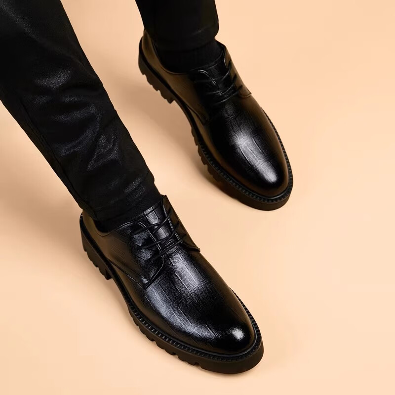 Walker Shop轻奢品牌皮鞋男款真皮厚底英伦透气软底内增高婚鞋商务正装男鞋 高档黑色【品牌男鞋 礼盒包装】 42